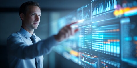 Business professional interacting with futuristic digital display of data visualization, statistics and financial charts in modern office environment