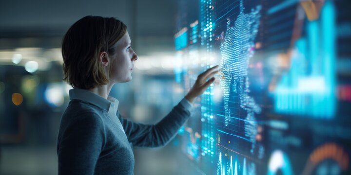 Business professional interacting with futuristic digital display of data visualization, statistics and financial charts in modern office environment - Powered by Adobe