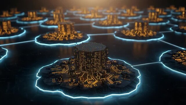 Futuristic glowing data hub neon circuit pathways and illuminated server stacks with circuit city