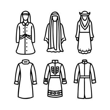 Middle Eastern traditional dress icon set. Arabic and Islamic clothing symbols. Vector line art of abaya, thawb, keffiyeh, hijab, kaftan, jalabiya. Muslim culture ... See More
