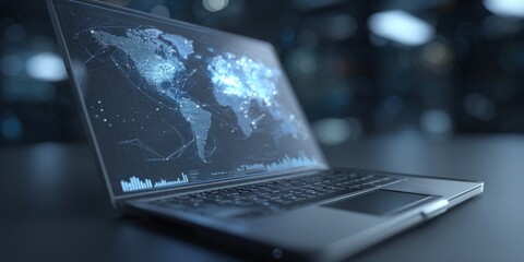 Modern Business Technology Interactive Data Presentation with Laptop and Touchscreen Interface for Global Network Analysis and Business Strategy Development