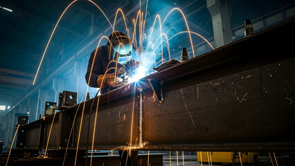 Sparks of Industry: A welder meticulously focuses, sparks erupting as he welds metal, demonstrating precision, skill, and industrial power.