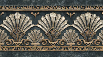 An ornate decorative molding with repeating motifs, evoking classical elegance and artistic detail. The intricate design showcases a sense of history and refinement