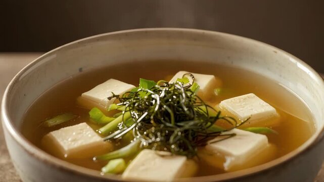 Silky steaming miso tofu soup with scallion and seaweed garnish in warm savory ceramic bowl broth
