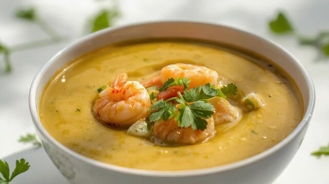 Creamy shrimp soup with golden broth, parsley garnish and tender seafood comfort bowl