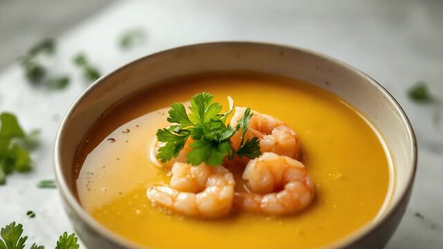 Shrimp garnish on creamy pumpkin soup with parsley in warm cozy bowl, autumn bisque