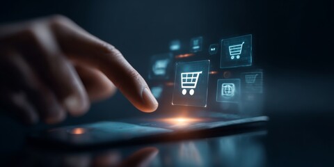 Digital shopping interface with hand interaction, showcasing e-commerce icons, online payment methods, and cart symbol in futuristic technology background