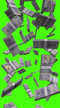 Vertical Angolan Kwanza bills falling on chromakey, AOA cash rain