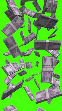 Vertical Ethiopian Birr bills falling on chromakey, ETB finance animation