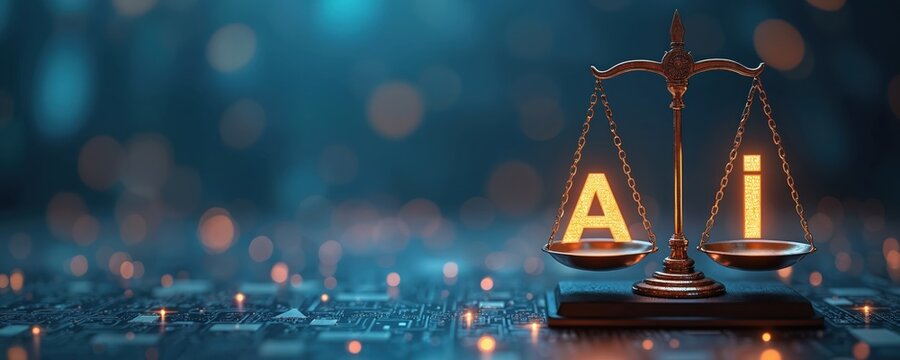Brass scales balance AI letters on digital circuit board background with bokeh lights. Represents artificial intelligence law regulation and ethics. Concept for tech justice and compliance.