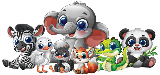 Fototapeta premium Cute Baby Animals Sitting Together in Cartoon Style