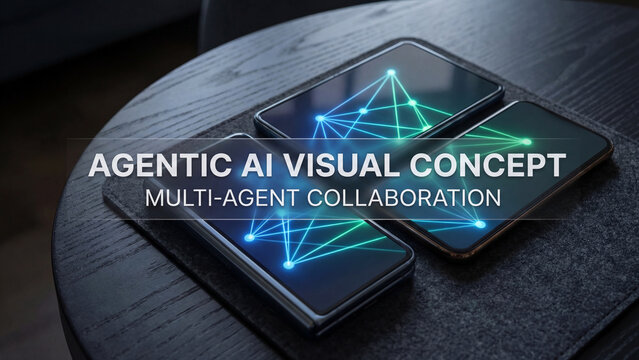 Agentic ai visual multi agent collaboration neon network glowing line dark table futuristic phone abstract agentic ai visual multi agent - Powered by Adobe