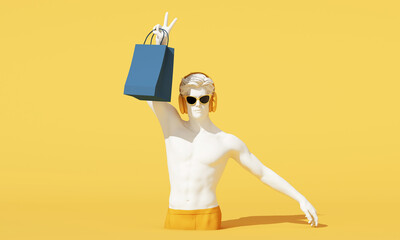 Minimal fashion shopping concept with mannequin holding a shopping bag on yellow background. Creative advertising visual for retail, lifestyle branding and ecommerce promotion, 3d rendering.