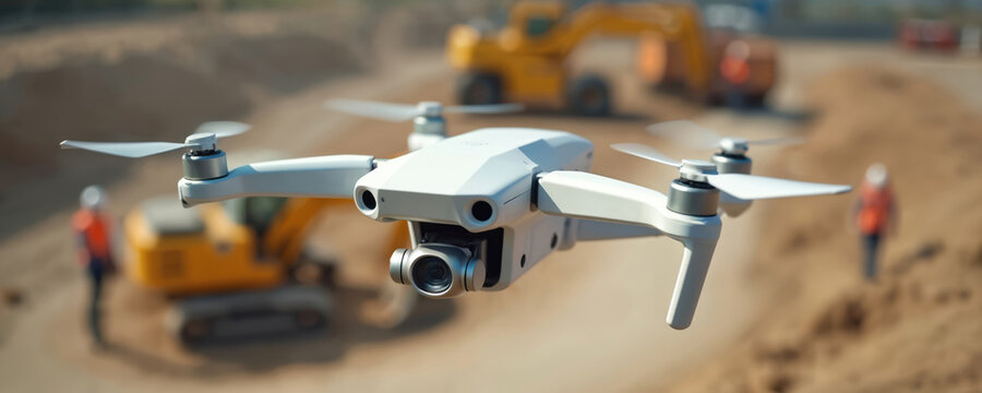 White drone flies over construction site with excavators and workers. Aerial view monitors building progress using modern tech. Unmanned aerial vehicle captures site overview.