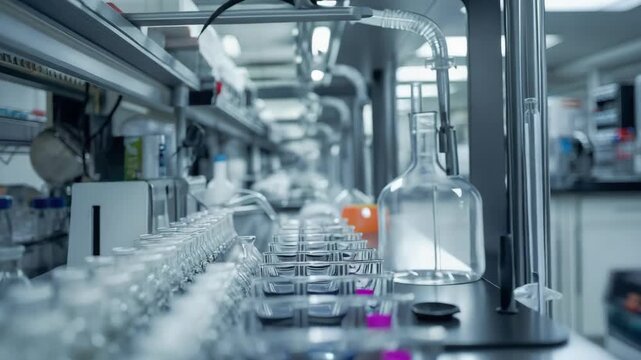 Sterile laboratory bench with glass vial row and scientific equipment metal tray, clinical