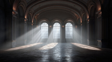 An interior shot showcasing an elegant hall with three arched windows, rays of sunlight streaming through