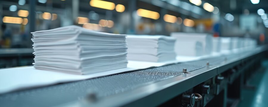 Stacks of white paper move along conveyor belt in modern factory. Automated machinery processes large paper volumes. Scene visualizes mass production in printing plant. Bulk paper sheets ready for