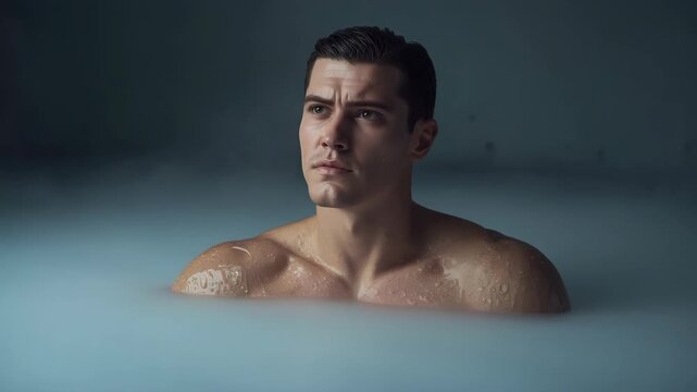 Young man male portrait with wet skin shoulders chest misty milky bath, moody contemplative portrait