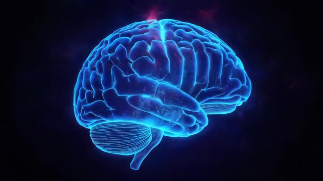 Glowing blue human brain illustration with neural anatomy highlighting cerebellum and glowing neon