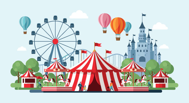 Vibrant amusement park scene showcases a red circus tent, tall ferris wheel, and a blue fairytale castle on a clear day.