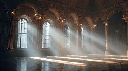 Interior view of an elegant building with natural light streaming through windows, creating a stunning visual display of shadows and light