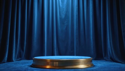 Gold and blue velvet podium awaits winner on theater stage with heavy curtains. Empty award platform ready for ceremony, presentation, product launch.