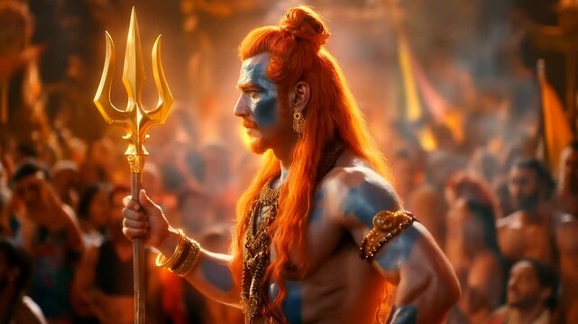 Lord shiva holding trishul in fiery atmosphere