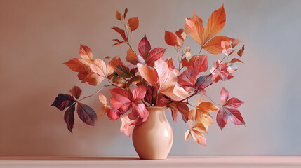 A vibrant display of colorful autumn leaves arranged in a delicate vase, capturing the essence of fall's beauty. The leaves showcase a range of warm hues.