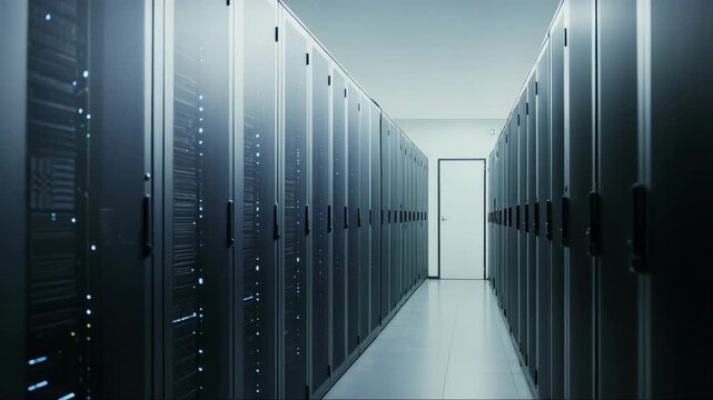 Modern data center aisle of server racks and blue status lights