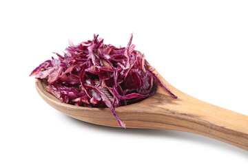 Wooden spoon of tasty red sauerkraut on white background