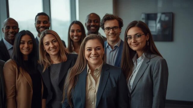 Diverse professional team smiling modern office confident collaborative businesswoman businessman