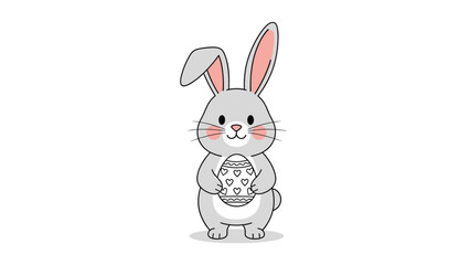 Obraz premium Adorable gray bunny stands while holding a large Easter egg decorated with a heart pattern for a sweet holiday message.