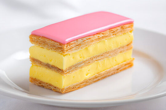 Delicious Tompouce Dessert on a Plate with Creamy Layers and Bright Pink Icing in Studio Photography
