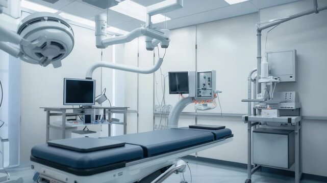 Sterile modern operating room with surgical table, overhead light, medical monitor, sterile
