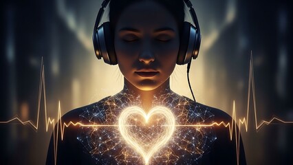Woman with headphones meditating to a glowing heart and heartbeat waveform, symbolizing inner peace and connection.