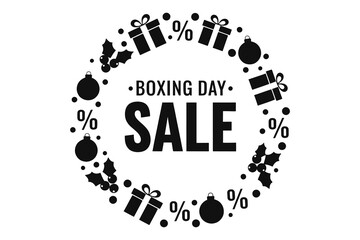 Boxing day sale advertisement with gifts and ornaments in a circle on white background