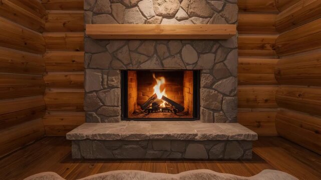Cozy stone fireplace hearth and wood fire in rustic cabin with fur rug, warm cabin atmosphere