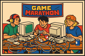 Three young males playing retro video games at game marathon event