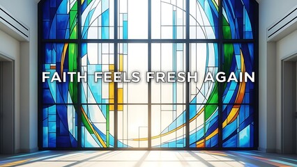 Vibrant stained glass window illuminates a modern interior with a feeling of renewed hope and spirituality.