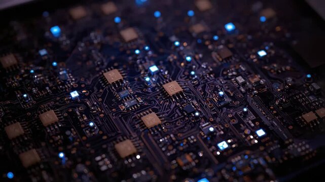 Dark circuit board with glowing blue LED light microchip electronic pathways and intricate printed