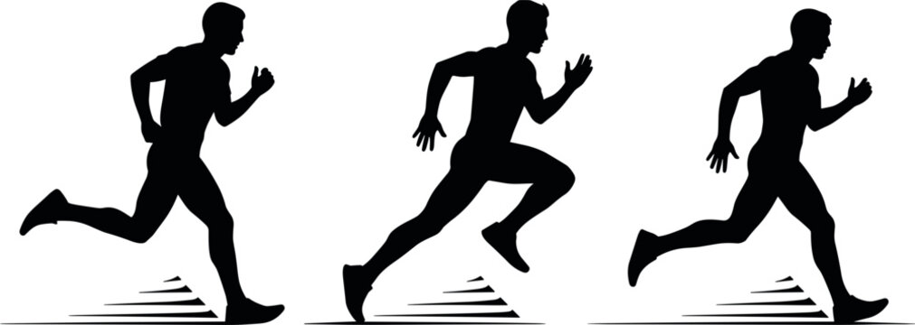 Set of three black silhouettes showing a male athlete running in different motion stages for sports fitness marathon and healthy lifestyle designs.