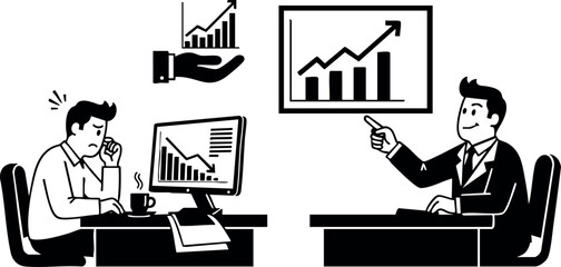 Business meeting with charts showing growth and success in office environment vector illustration