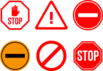 Set of Six Traffic and Warning Signs with Various Shapes and Colors on White Background