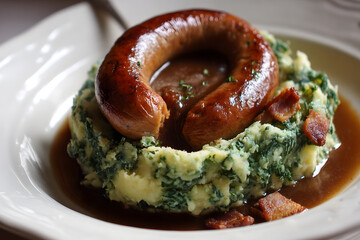 Close-up Shot of a Steaming Plate of Gourmet Sausage with Creamy Mashed Potatoes and Gravy