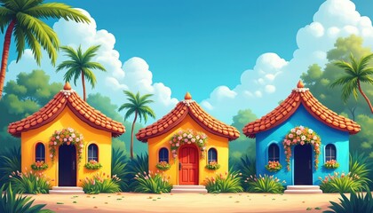 Obraz premium Colourful cartoon houses stand in idyllic tropical landscape under blue sky. Palm trees, greenery surround building with red roof, flowers. Village community concept shows festive rural town summer