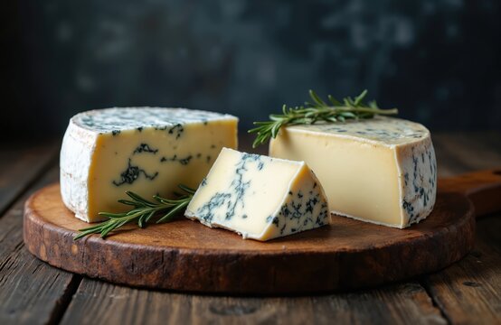Blue cheese assortment on wooden board. Gourmet dorblu type cheese with rosemary. Dairy product concept photo. Rustic meal. Food photography. Cheese plate on wood texture background. Tasty french