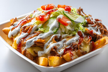 Delicious Kapsalon Dish with Crispy Fries, Fresh Vegetables, and Sauces Perfect for Any Food Lover