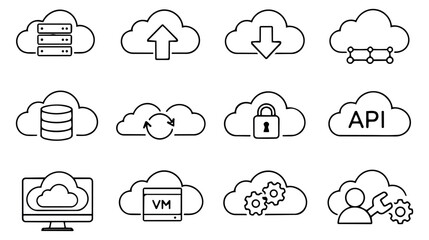 Obraz premium Modern line art cloud computing icon set featuring server, database, security, and API symbols for technology services