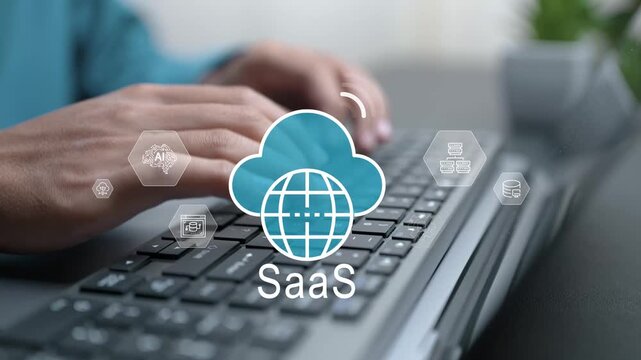 SaaS concept with cloud computing on digital screen, software platform and online service delivery. Business technology solution enabling scalable, secure and efficient digital operations.