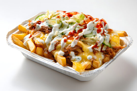 Delicious Kapsalon Dish with Fries, Cheese, and Fresh Toppings in a Studio Setting